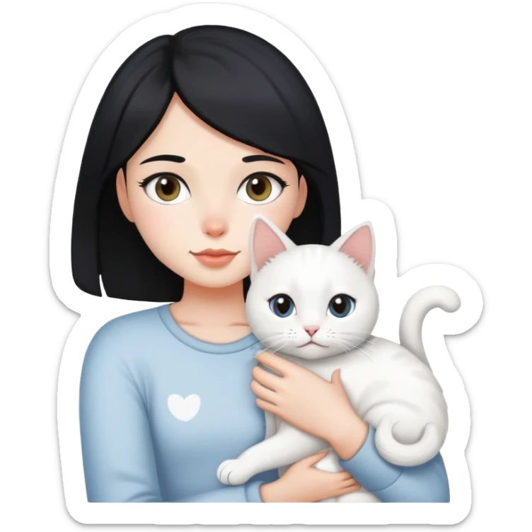 A black hair girl holding a white cat with grey spot sticker