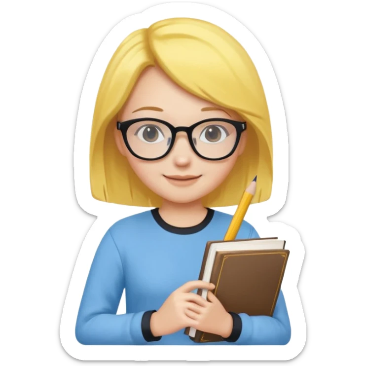 A smart and cute girl with yellow bobbed hair, wearing sky blue clothes,
I hold a book in one arm. There is a pen in the book.
He is wearing black-rimmed glasses and smiling brightly. sticker