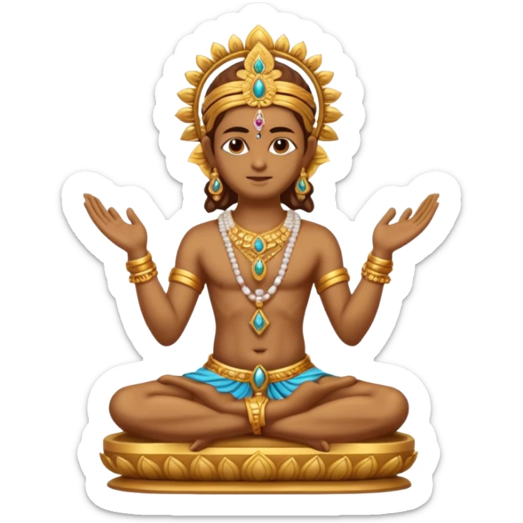 a golden statue of a Hindu deity seated in a cross legged posture with one hand in a blessing gesture, adorned with ornate jewelry�. The figure sits on a decorated pedestal, radiating a sacred and traditional aura�. sticker