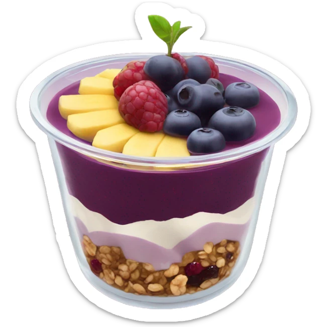 Açaí in a clear cup with layers of fruits and granola and condensed milk sticker