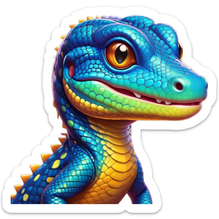 Cinematic Cute Monitor Lizard Portrait Emoji, Head tilted playfully and inquisitively, with a sleek, patterned body accented by vibrant hues and round, sparkling eyes full of wonder, Simplified yet irresistibly adorable features, highly detailed, glowing with a warm, friendly glow, high shine, affectionate and lively, stylized with a touch of exotic charm, bright and endearing, soft glowing outline, capturing the essence of a mischievous yet captivating lizard that seems as if it could scuttle out of the screen into your arms! sticker