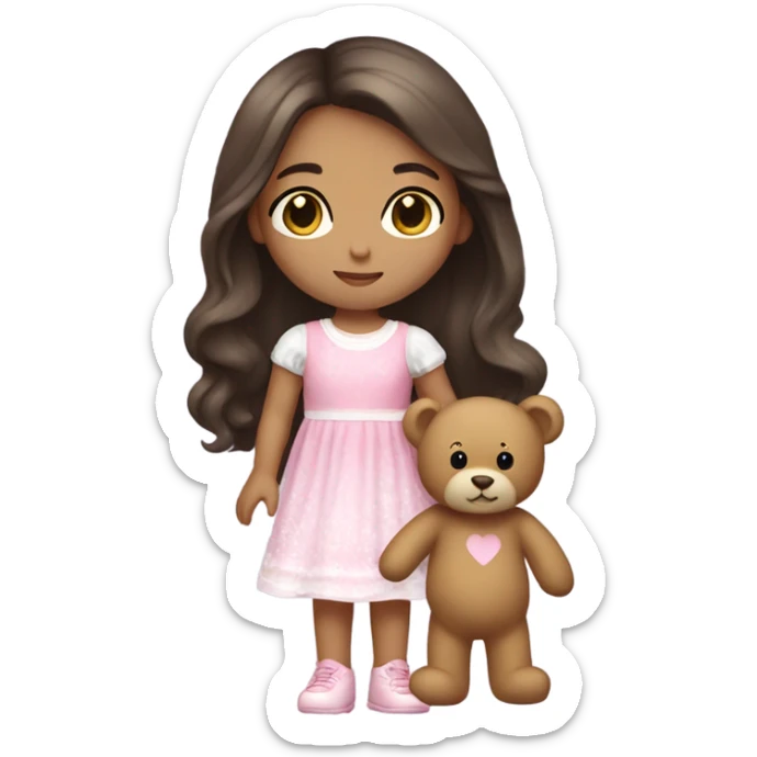 Little Girl with White skin, black eyes. Long brown hair with. She is wearing a pink and White dress, standing and holding on to a teddybear. sticker