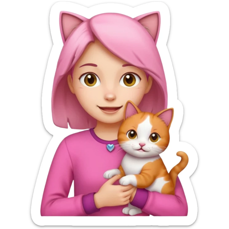 a happy girl in pink holding a calico cat, emoji style, icon sticker