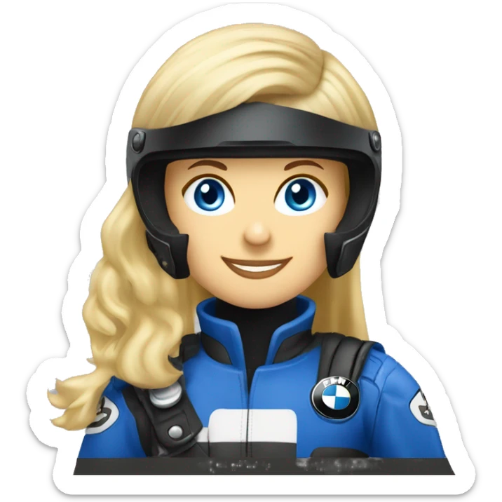 blond lady 50 years blue eyes on motorcycle bmw gs 700 wearing helmet sticker