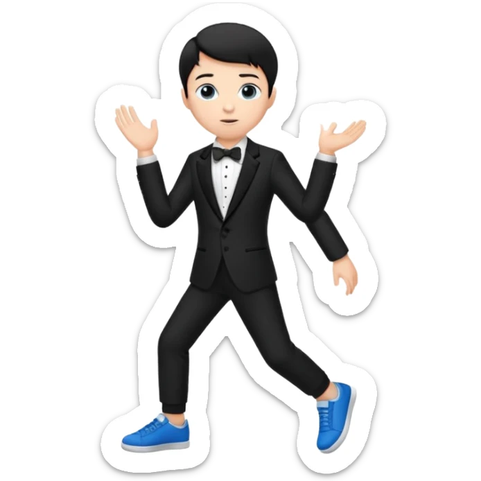 generate a pretty bratz fair skinned boy with short black hair wearing a black tux with blue sneakers sticker