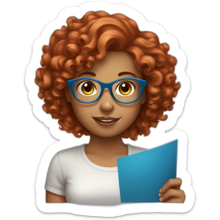 pretty girl with curly copper hair and blue glasses holding a big banner sticker