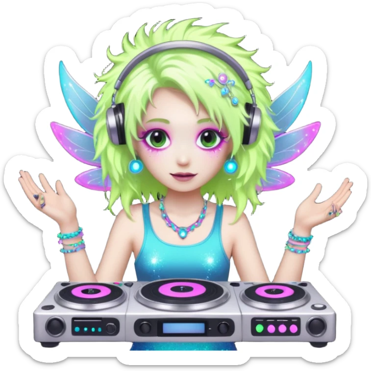  hard-techno-rave-fairy,-holding-a-dj-turntable,-wild-hair,-neon-sparkles,-minimal-background sticker