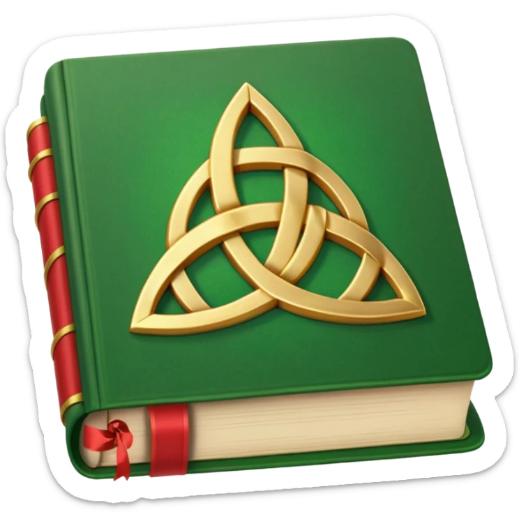a green closed book with a golden triquetra on it with a red ribbon between the paged sticker