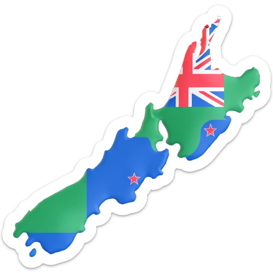 3D style illustration of New Zealand's terrain with the New Zealand flag overlaid, vivid and clear flag colors sticker