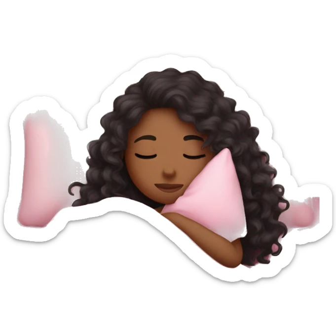 Dark hair girl with long curly hair sleeping with pink blanket and cute pillow sticker