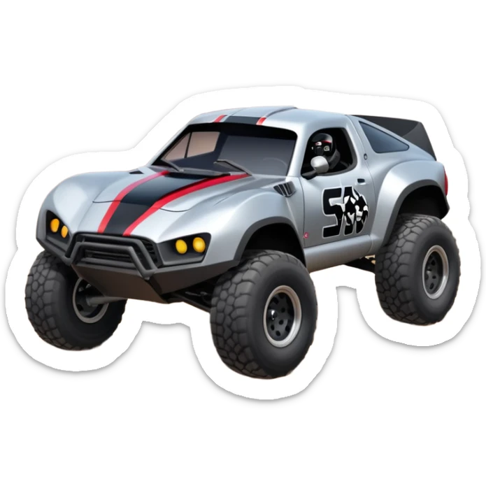 Satan’s and Vader (post race) Cabernet Dirty and dented Local Motors Rally Fighter off road race car hot rod trophy truck-style flying on a dusty road (silver wheels) sticker