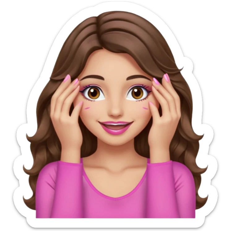 girl with long wavy brown hair, brown eyes, long lashes, sexy pink lips, light to medium complexion, wearing a pink sexy top, smiling, hands covering over the eyes sticker