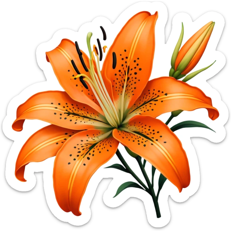Japanese style tiger lily (oniyuri) flower in ukiyo-e inspired design, bright orange petals with distinctive black spots, curved-back petals, traditional composition like in Japanese woodblock prints sticker