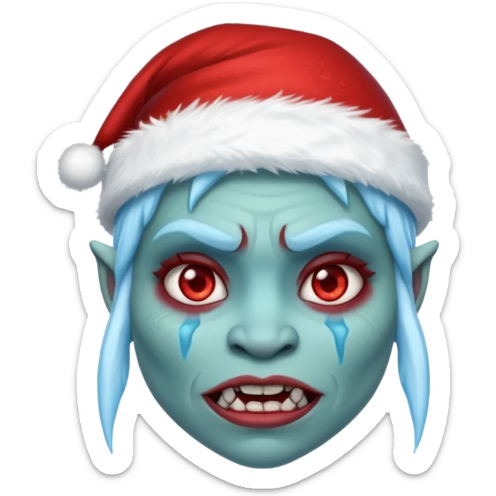 Fantasy orc portrait emoji, Santa Claus hat with icy texture, frozen scar glowing deep red against icy blue skin tones, primal winter survival theme, restrained detail, clean readable emoji style, female variant
 sticker