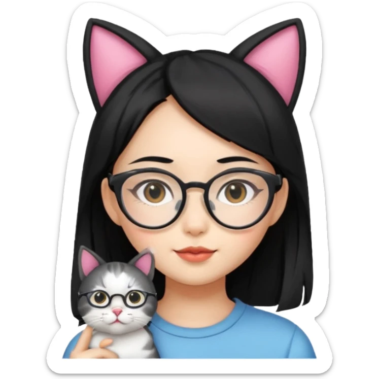 Asian girl with black hair glasses and cat ear cat sticker