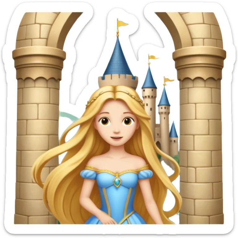 beautiful princess in a tower with her golden hair flowing out from the tower window sticker