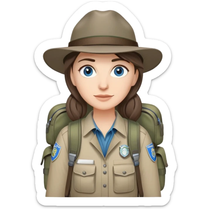 white woman park ranger with gray and brown hair, blue eyes, wearing a backpack sticker