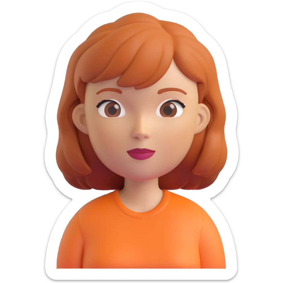 memoji style portrait of a woman with ginger hair, wearing an auburn colored shirt sticker