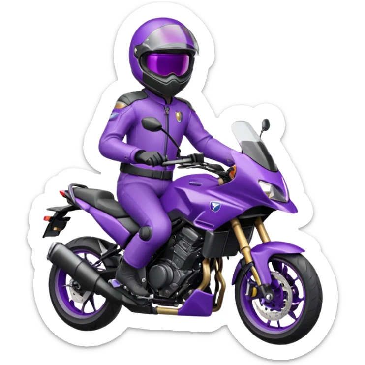 Créer un emoji avec une moto mt07 sport noir mate / violet iridescent très foncé, pare-brise de la moto violet. Avec une pilote dessus visière violet sombre visage caché . Avec fond arrière violet en arrière plan. sticker