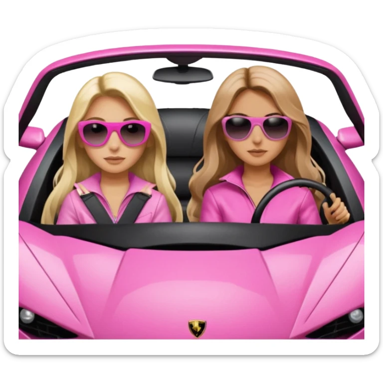 Add sunglasses Make car far away so I can see full car Car facing forward in sports car. Make hair long  two girls in car far away Front of car sitting in the seats. Make it a pink sports car. They are two baddies make it a Lamborghini pink car  sticker