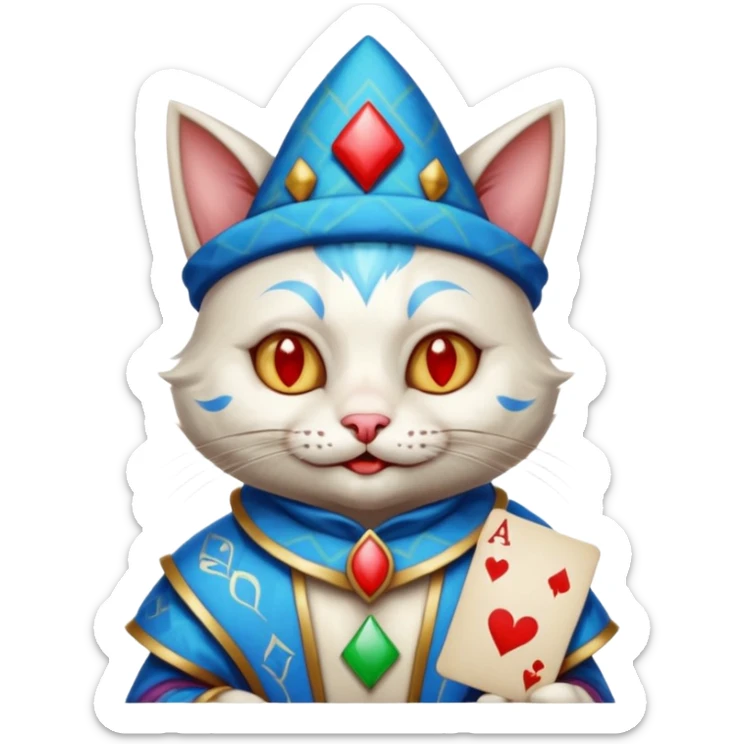 crazy colorful cute little cat jolly joker from poker, medieval, vintage, court jester, mac os icon, blue color, holds an ace poker card (clearly detailed and precise) sticker