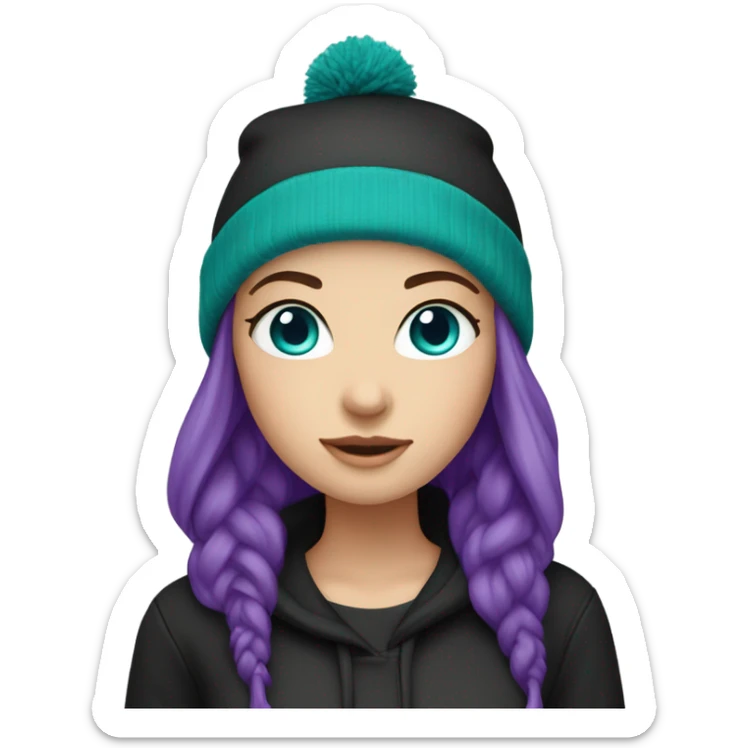White girl, black hoodie, teal hair, purple beanie hat, blue eyes sticker