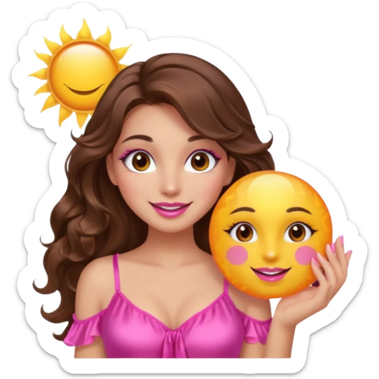 girl with long wavy brown hair, brown eyes, long lashes makeup, sexy pink lips, smiling, light to medium complexion, wearing a pink sexy silk top, holding a big sun sticker