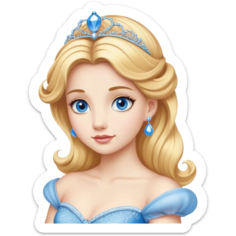 Cinematic Realistic Noble Cinderella Portrait, depicted with porcelain skin rendered in lifelike detail and soft, natural lighting that highlights every delicate nuance. Her intricately styled golden-blonde hair is arranged in an elegant updo, and her deep, expressive blue eyes radiate quiet determination. She wears her classic ball gown with rich fabric textures and delicate folds catching the light beautifully, all set against a subtly glowing, natural background that captures the essence of timeless royal grace. sticker