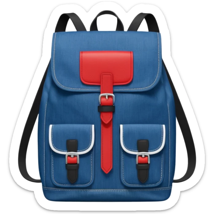 Minimalist emoji-style icon of a stylish blue denim backpack with a flap top, two vertical black buckle straps, a large red-white-navy horizontal block in the center, and two zipper side pockets. Inspired by Tommy Jeans design. Front view, cartoon-like, clean design.

 sticker