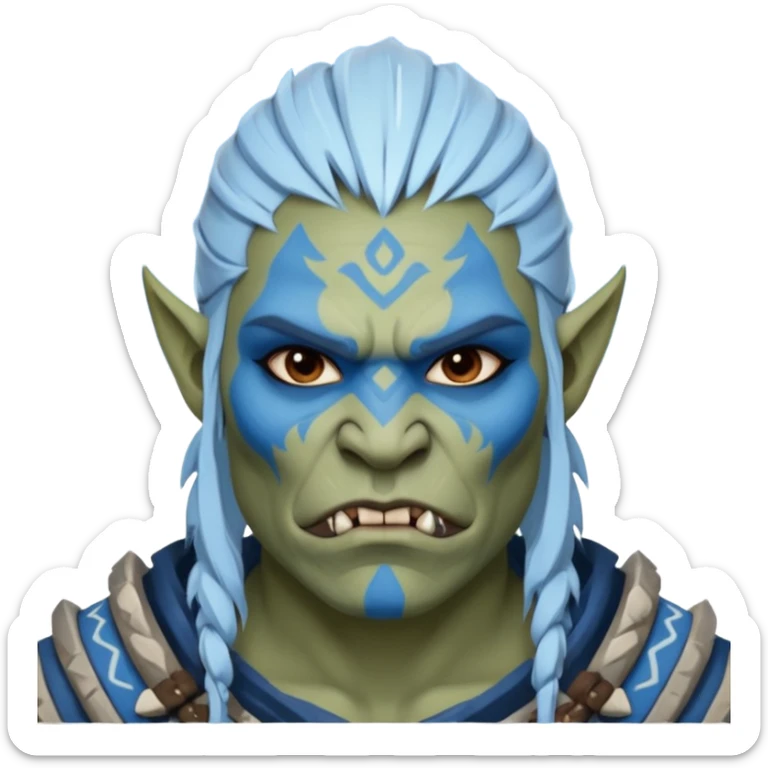 Fantasy orc portrait emoji, white and blue frost war paint on face, harsh winter warrior mood, strong expression, minimal tribal design, clean readable emoji style, male/female variant
 sticker
