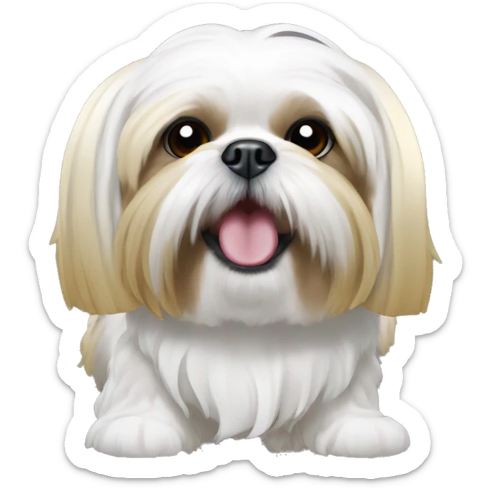 Shih tzu with gold and white hair with a tooth piping out of its mouth  sticker