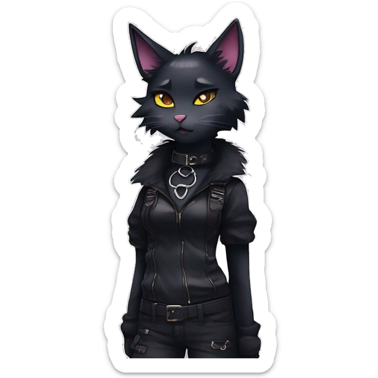 Gorgeous furry gothic dark techwear anime style anthro black cat furry sona Fakemon with blushing face aesthetic and pretty edgy black with collar and harness trending style sticker