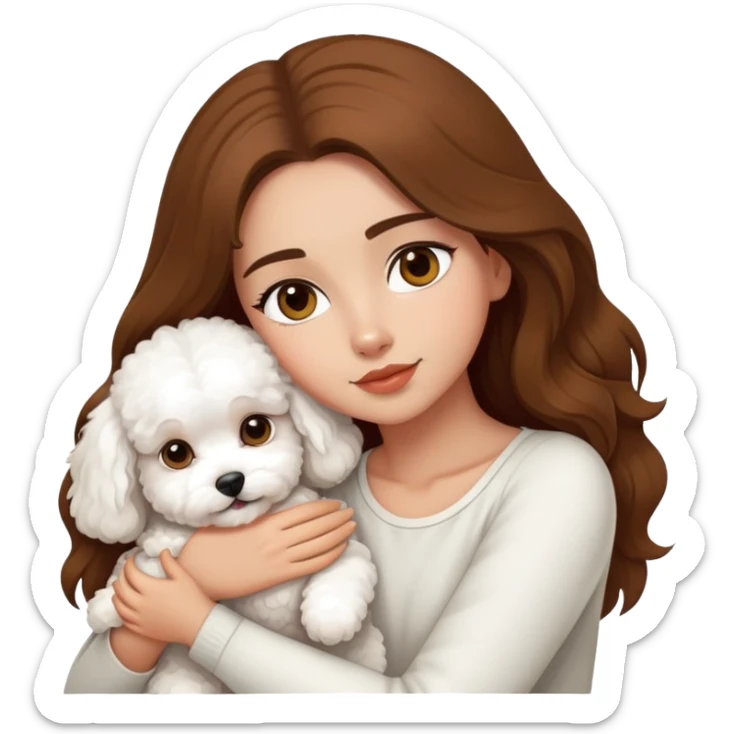 A beautiful olive skinned girl with long brown hair, hugging a white bichon frise sticker