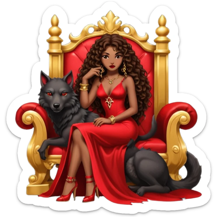 Lilith symbol seductress evil brown curly long hair haired, sexy succubus woman with red and black Chanel dress sitting on a Black and gold throne. A large black wolf laying beside he sticker