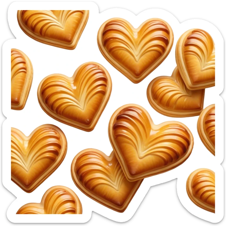 Cinematic crisp palmier, golden-brown heart-shaped pastries, perfectly caramelized layers, delicate and flaky, warm glowing background, inviting and delicious. sticker