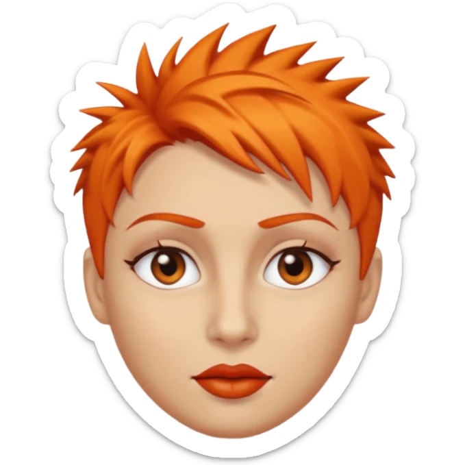 A person emoji with light skin, short spiky orange hair swept to one side, matching orange eyebrows, brown eyes, an oval-shaped face, a small nose, and dark lipstick. sticker