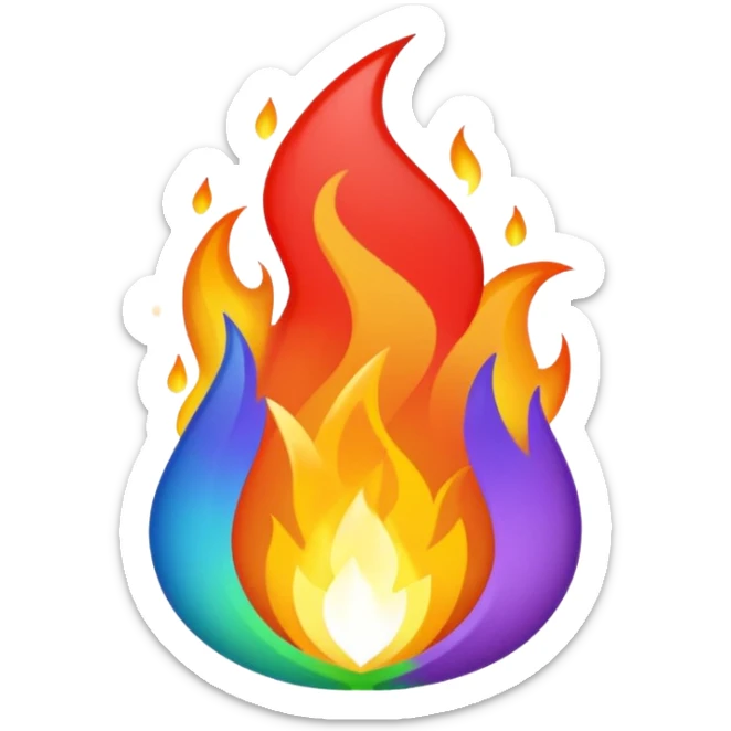 A fire emoji with the colors of the pride flag. Take away the small fire emojis besides the single big one. Make it super duper gay sticker