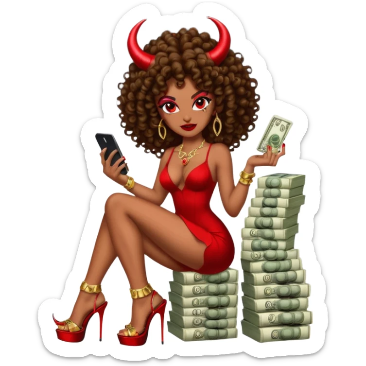 seductress evil brown curly haired sexy drug lord woman with clear glittery platform heels on her feet and devil red horns on her head, holding a stack of cash, has a phone in other hand sticker