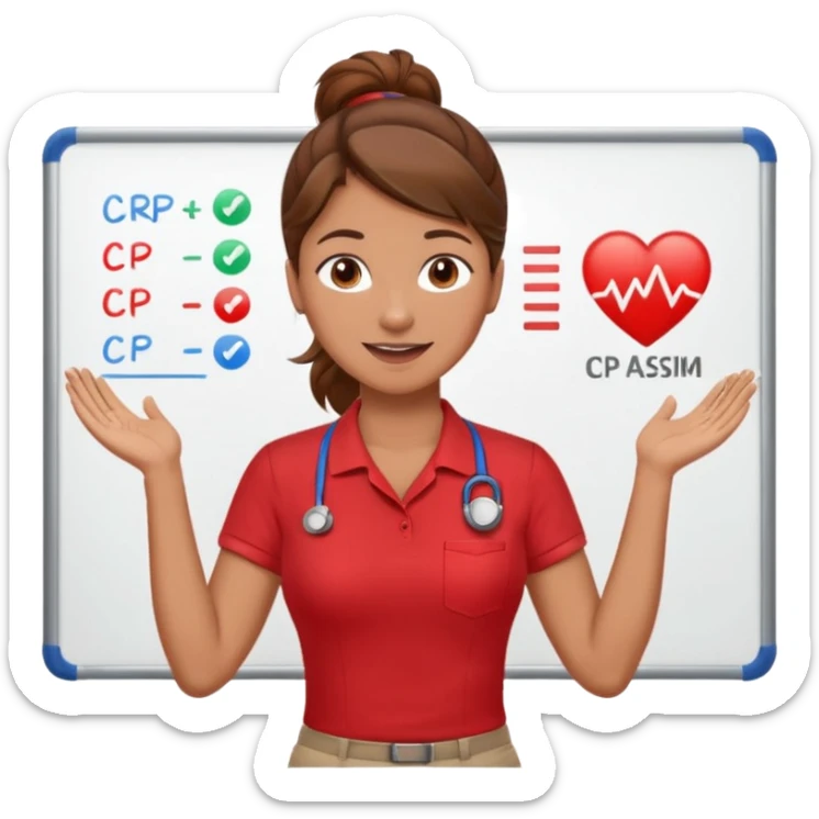 Happy instructor female brown hair whit board hair up red shirt add CPR to white board sticker