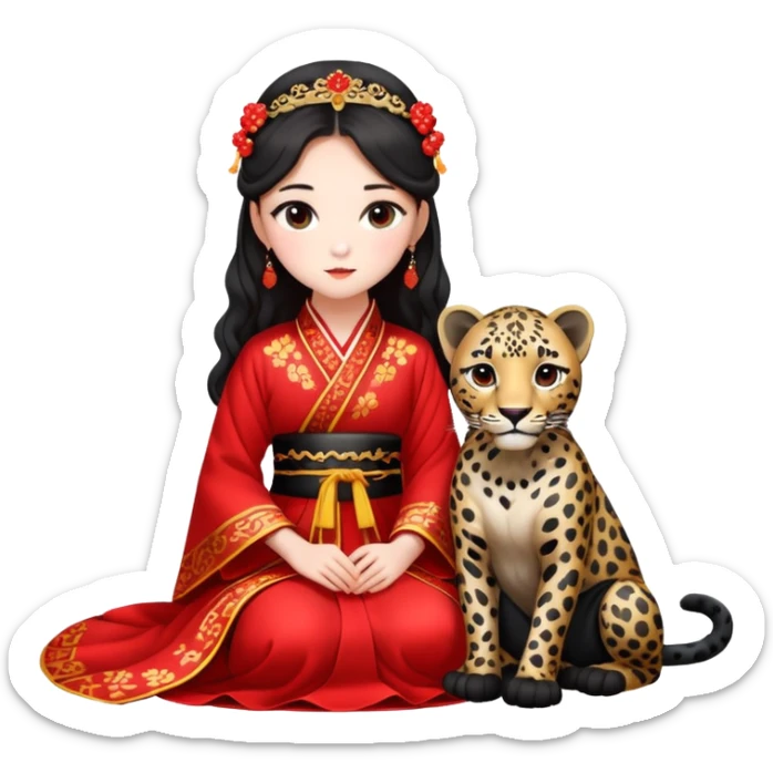 A beautiful girl in red Hanfu wedding dress sits on the ground holding a black leopard sticker
