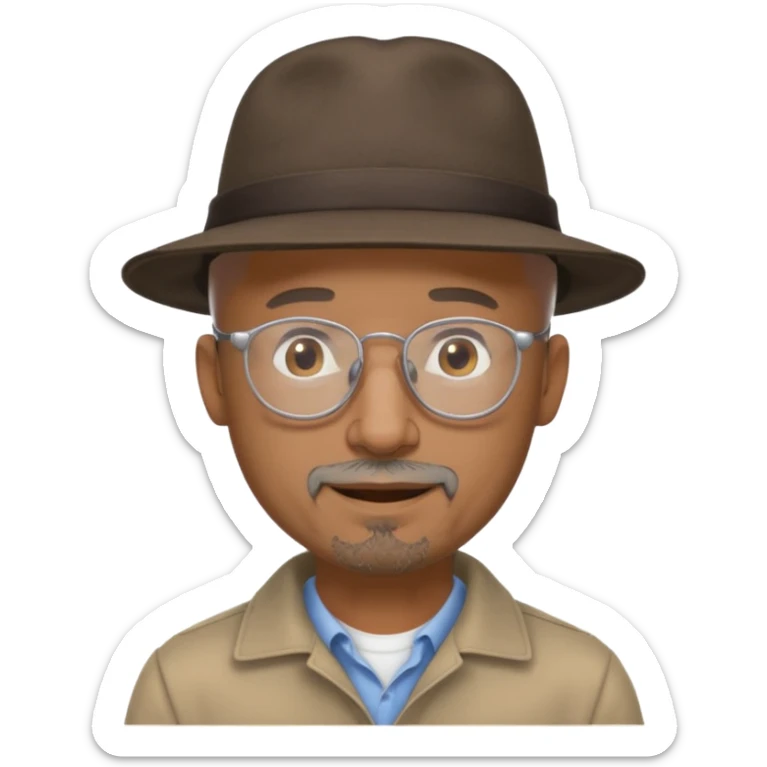 Brown man with wide rimmed hat no hair, gray goatee, clear glasses and slightly smiling sticker