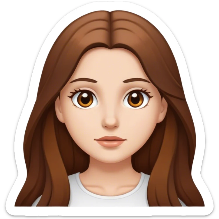 A white girl with long brown hair and brown eyes. She is iconic and is wearing a white top sticker