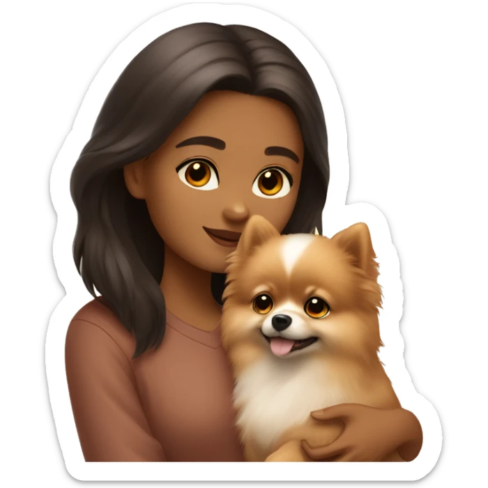A girl with brown eyes and Tiber coloring hugs a beige pomeranian puppy sticker