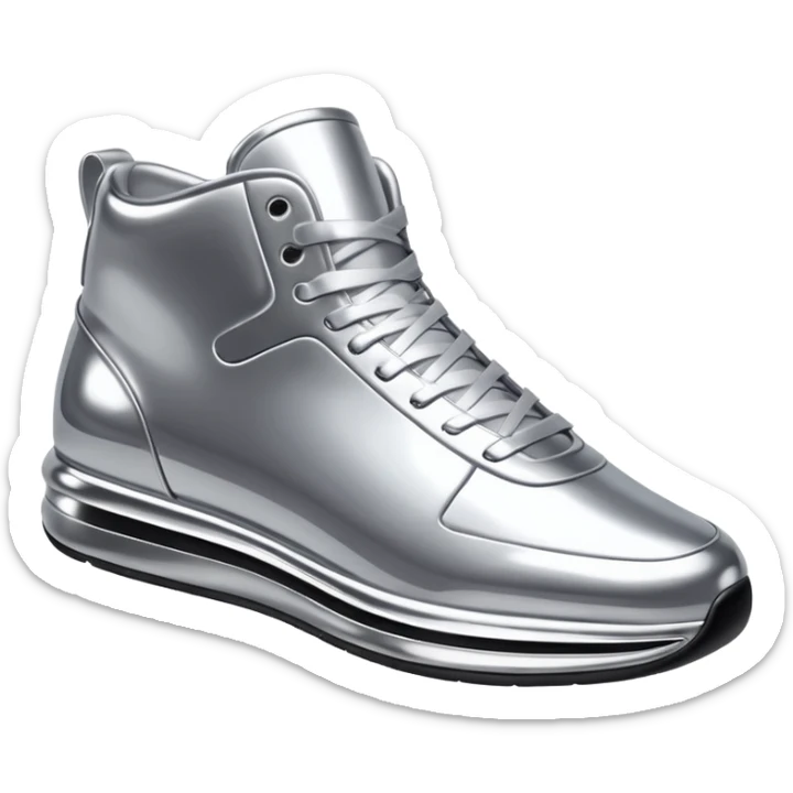A pair of futuristic sneakers emoji made of silver chrome, sleek streetwear design, smooth metallic panels, subtle reflections, luxury swag aesthetic, iOS emoji style, centered, clean white background sticker