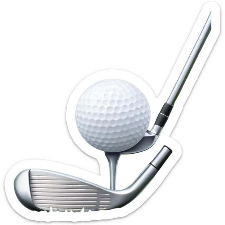 A golf ball on a tee, with a golf club placed beside it on the lush green fairway. The background shows a serene golf course with neatly trimmed grass and a clear blue sky, emphasizing the elegance and precision of the game. sticker