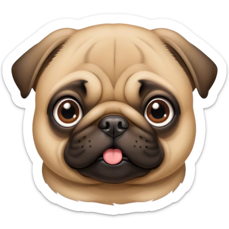 Cinematic Cute Fawn Pug Portrait Emoji, Head tilted playfully and inquisitively, featuring a smooth fawn coat with a subtle sheen, round, sparkling dark eyes filled with curiosity, Simplified yet irresistibly adorable features, highly detailed, glowing with a warm, friendly glow, high shine, affectionate and lively, stylized with a touch of whimsy, bright and endearing, soft glowing outline, capturing the essence of a mischievous yet loving pup, so playful it feels like it could bounce out of the screen and into your arms! sticker