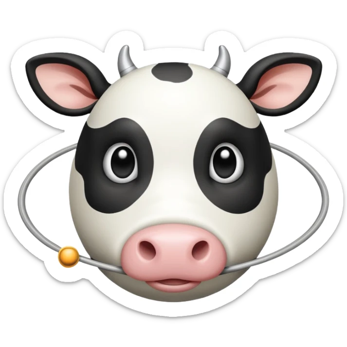 Cartoon cow face on one side of planet Saturn, with the planetary rings around the middle and tiny cow legs sticking out from the bottom sticker