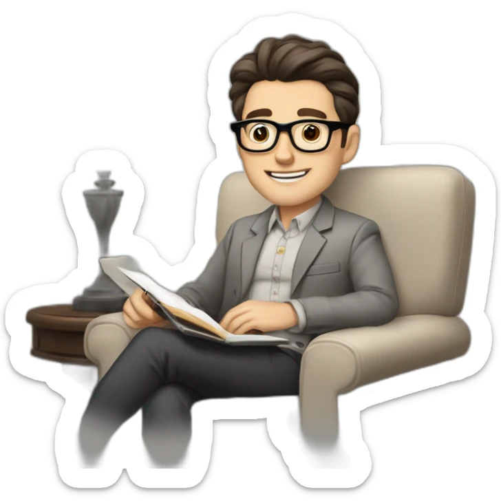 Pale skinned Fit Man With dark brown hair in gray jacket, beige office shirt and vintage glasses sitting In a soft chair with a notebook with emblem Ψ and a pen in his hands sticker