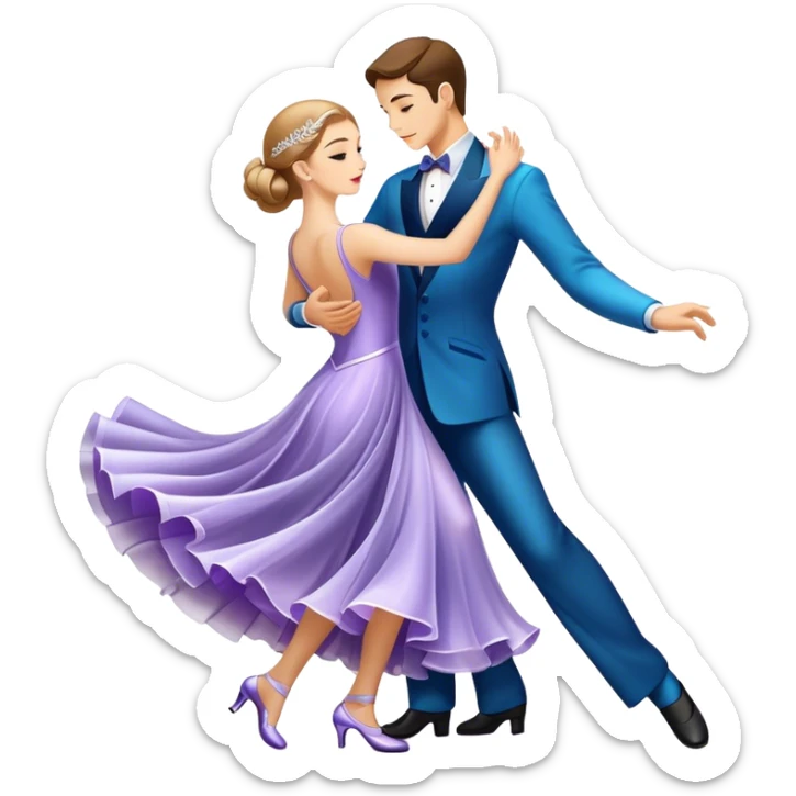  Icon for Ballroom Dance: elegant dance shoes, a flowing ballroom dress and a dance floor with soft lighting. The icon should capture the grace, elegance, and style of ballroom dancing. Transparent background. sticker