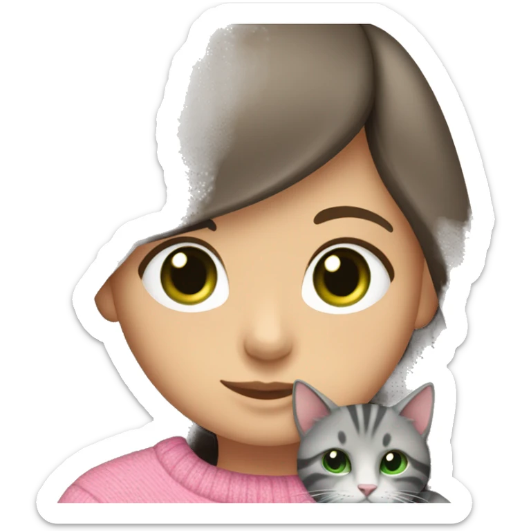 Brunette girl with long hair and green eyes in a pink sweater hugs a gray striped cat. The cat has brown eyes sticker